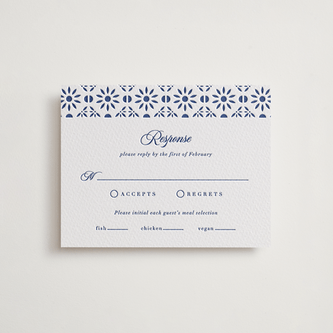 "Talavera Tiles" - Letterpress RSVP Cards in Lapis by Olivia Raufman - Front