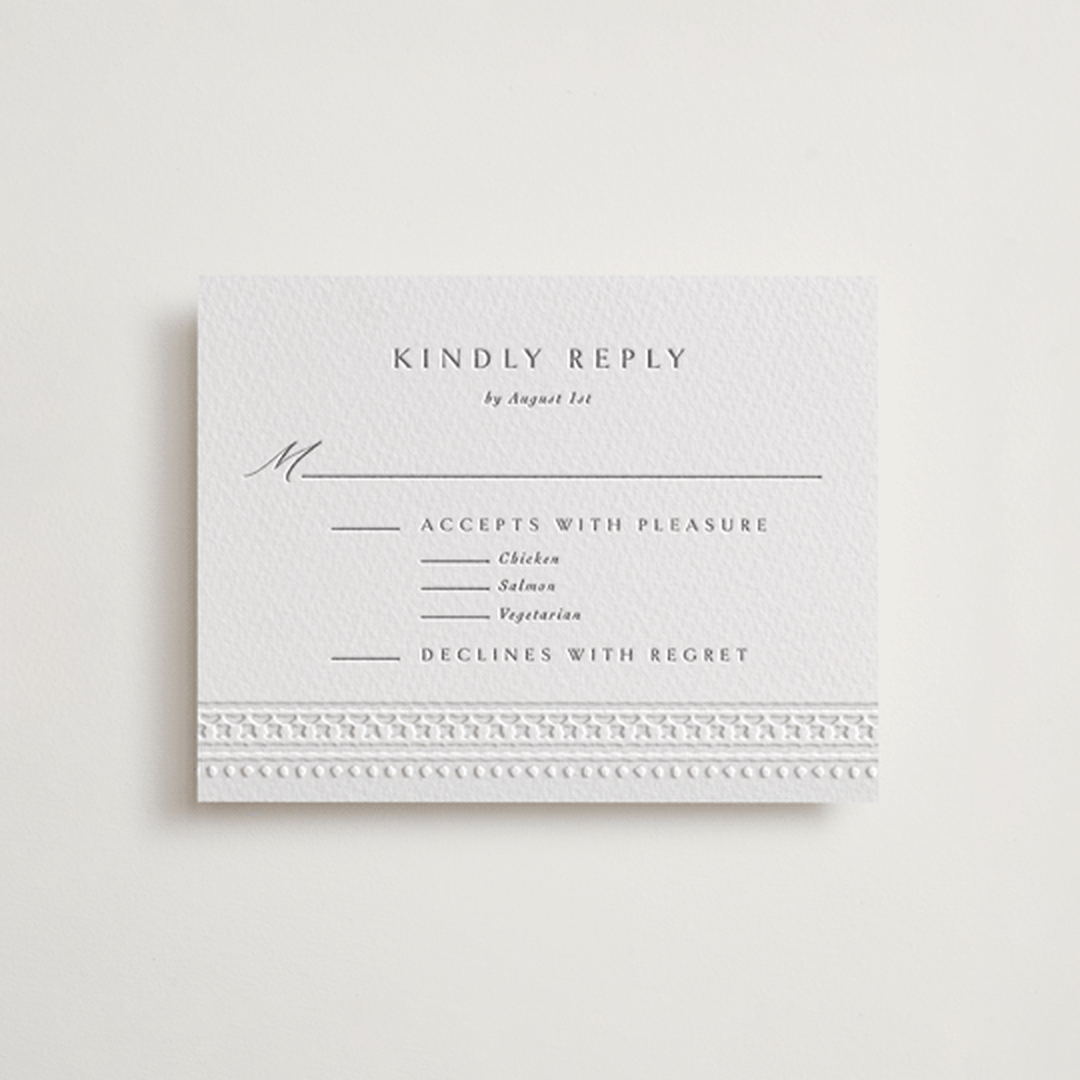 "Heirloom Needlework" - Letterpress RSVP Cards in Gravel by Meggy Masters - Front