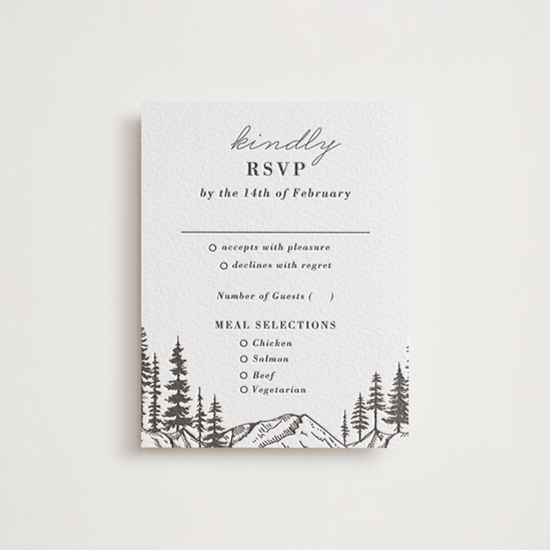 "Mountain Pines" - Letterpress RSVP Cards in Soft Black by Winston Latchman - Front