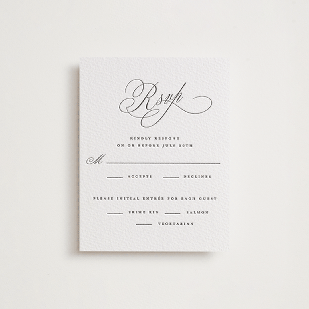 "Romantic Script" - Letterpress RSVP Cards in Soft Black by Susan Zinader - Front