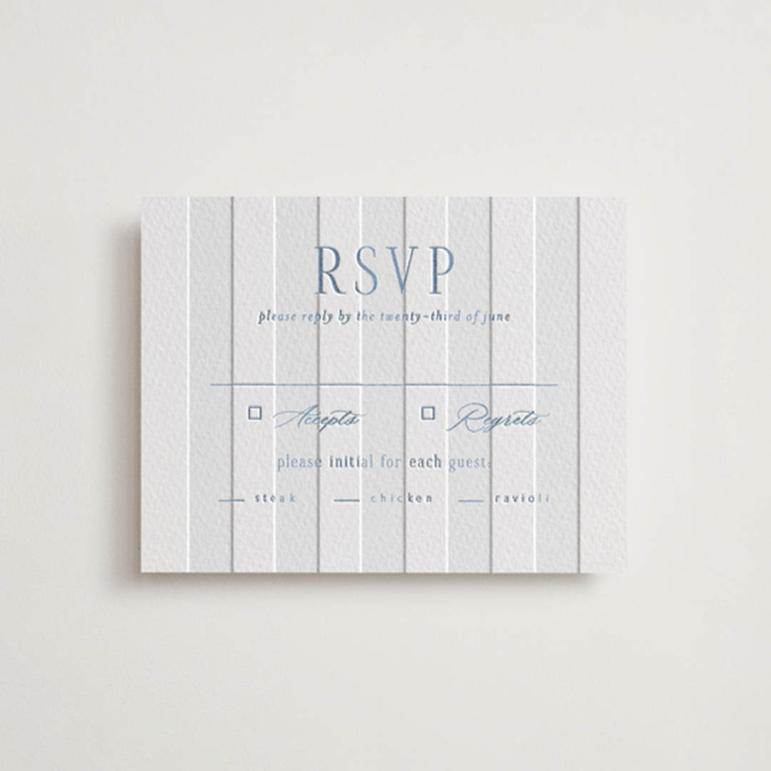 "Subtle Stripes" - Letterpress RSVP Cards in Provincial Blue by Nicole Walsh - Front