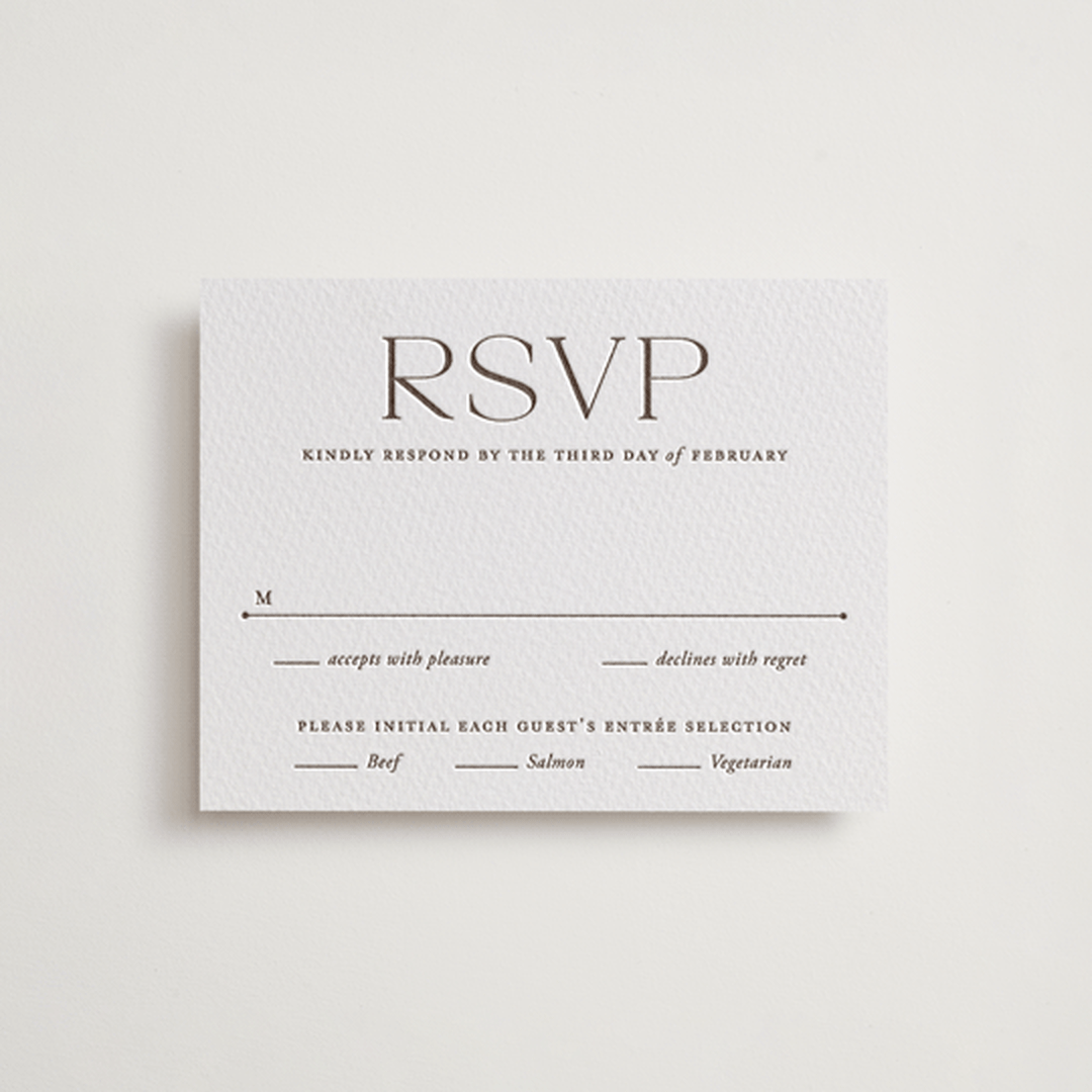 "Quiet Luxury" - Letterpress RSVP Cards in Coffee by Oscar and Emma - Karly Depew - Front
