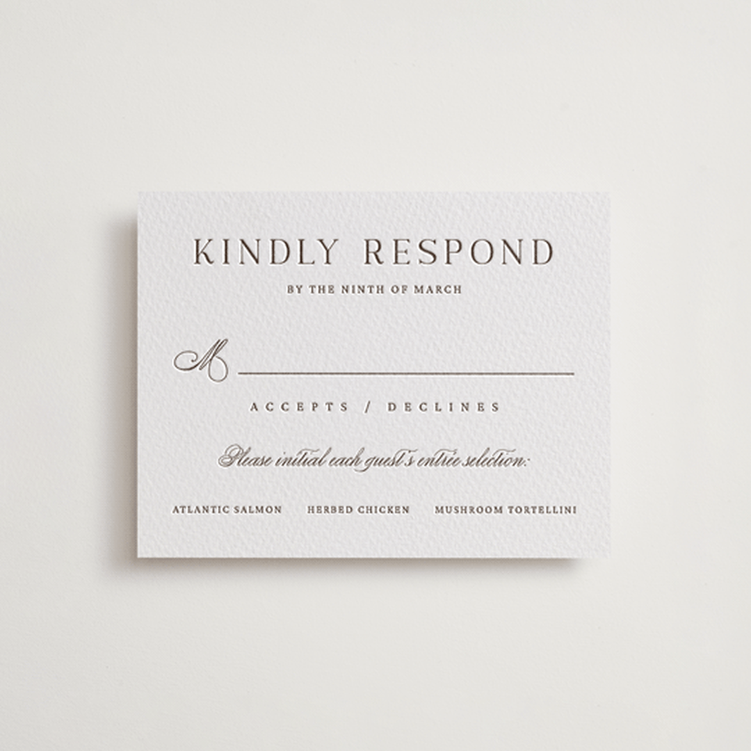 "Willow" - Letterpress RSVP Cards in Coffee by Snow and Ivy - Front