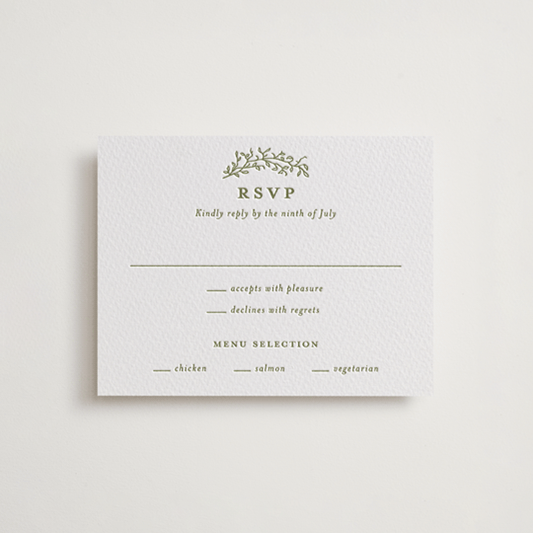 "Garden Script" - Letterpress RSVP Cards in Pistachio by Katherine Moynagh - Front