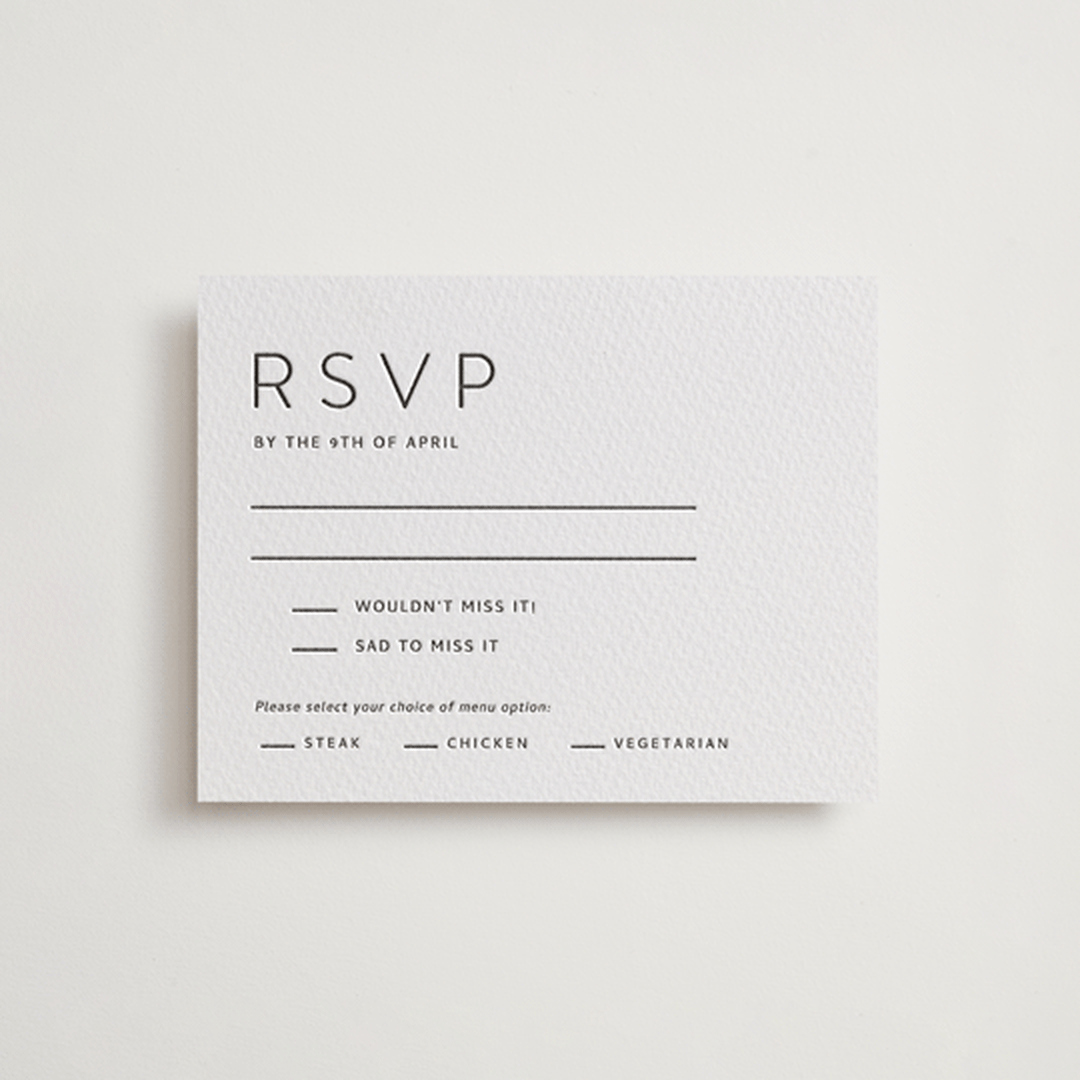 "Kismet" - Letterpress RSVP Cards in Soft Black by Alston Foster - Front