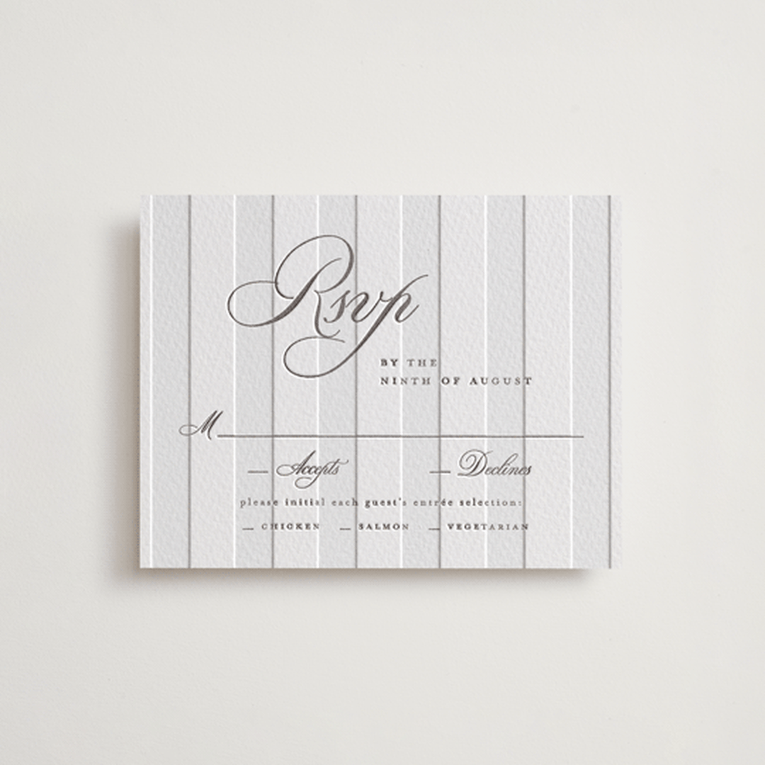 "Heirloom" - Letterpress RSVP Cards in Graphite by Creo Study - Front