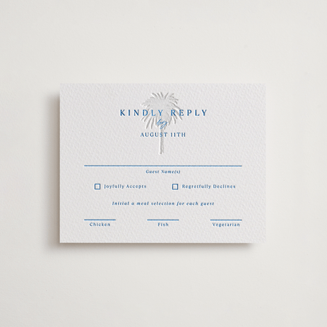"Palm Tree" - Letterpress RSVP Cards in Sapphire by Kaydi Bishop - Front