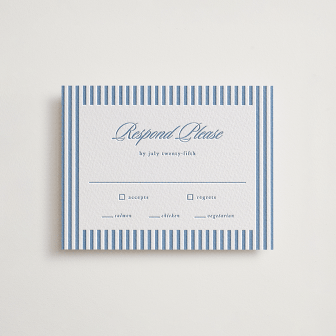 "Catamaran" - Letterpress RSVP Cards in Provincial Blue by Morgan Kendall - Front