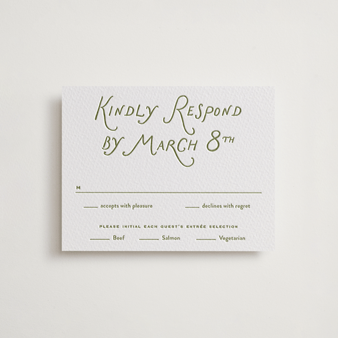 "Marshland" - Letterpress RSVP Cards in Pistachio by Oscar and Emma - Karly Depew - Front