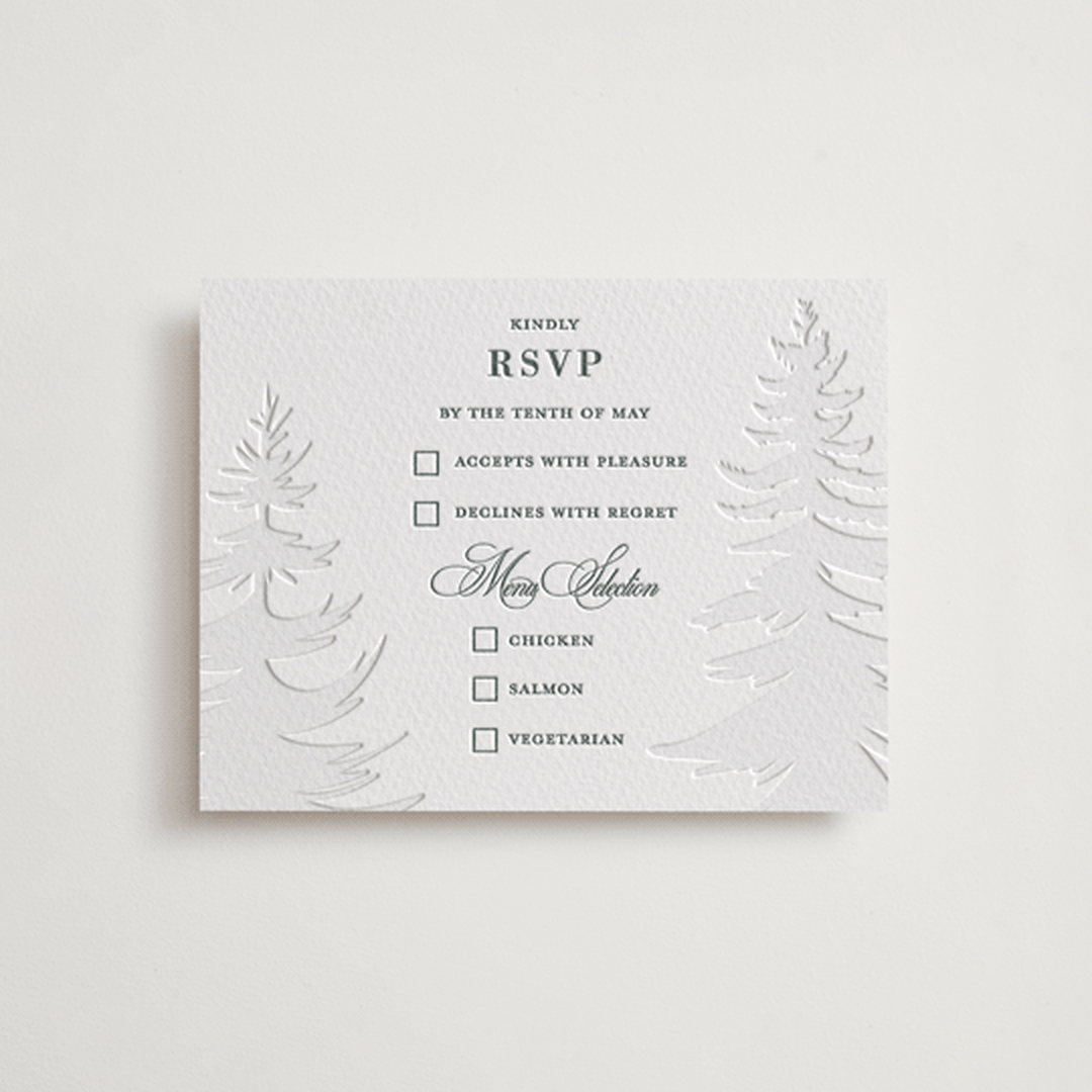 "Evergreen" - Letterpress RSVP Cards in Stone by Teju Reval - Front