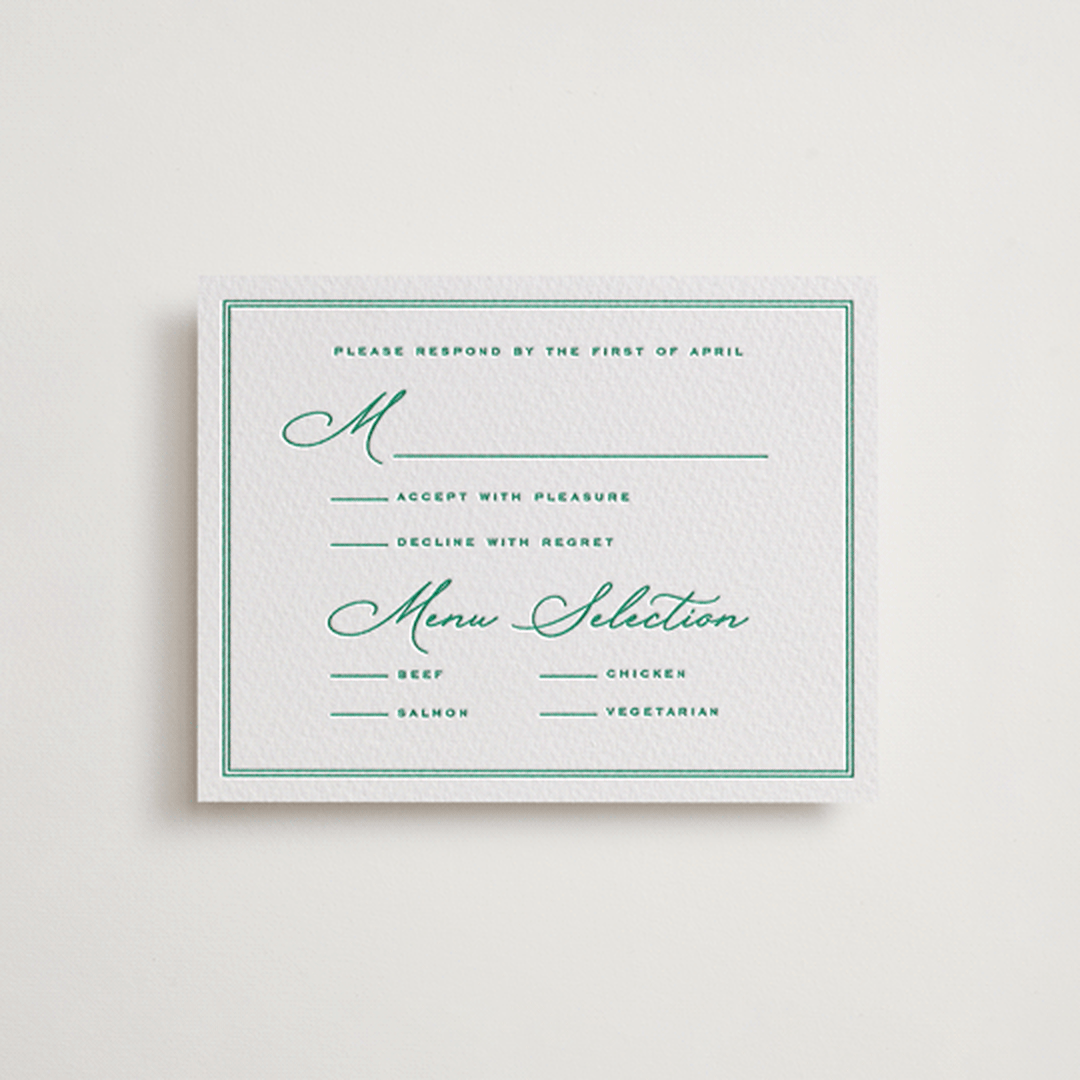 "Lakeview" - Letterpress RSVP Cards in Shamrock by Claudia Orengo - Front