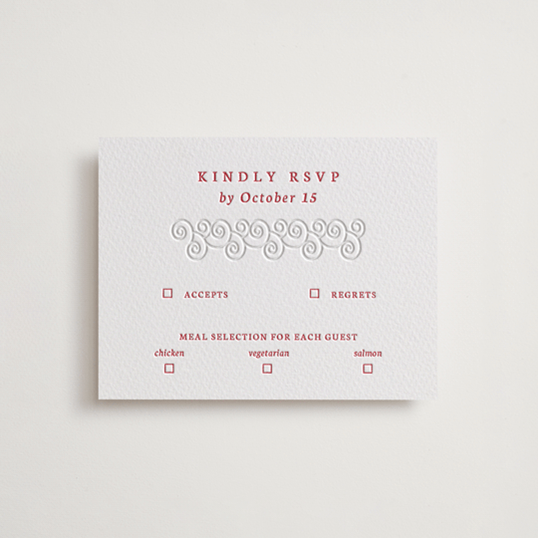 "simply happy" - Letterpress RSVP Cards in Scarlet by Deborah Chou - Front