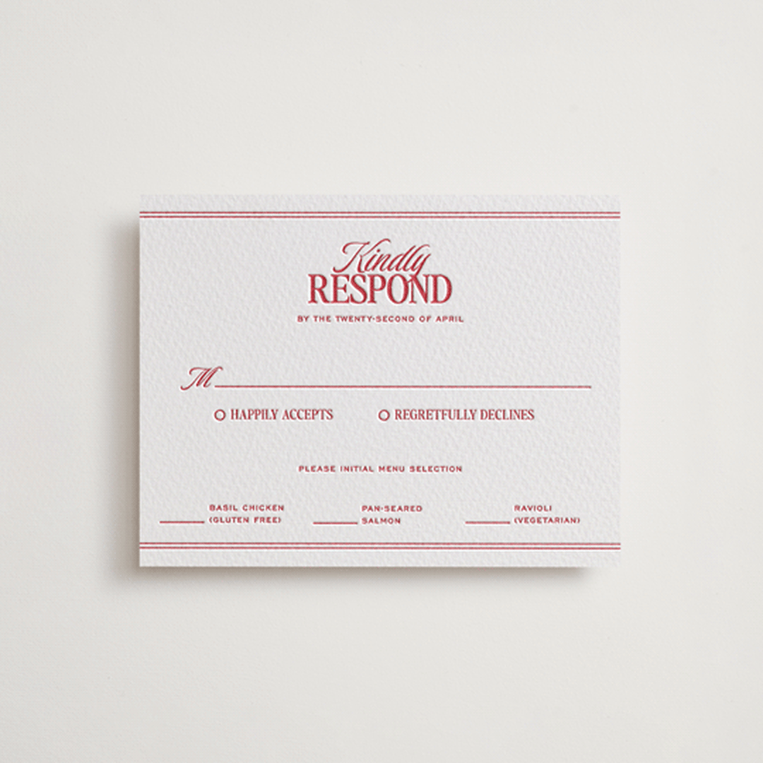 "Vermilion" - Letterpress RSVP Cards in Scarlet by Jenna Holcomb - Front