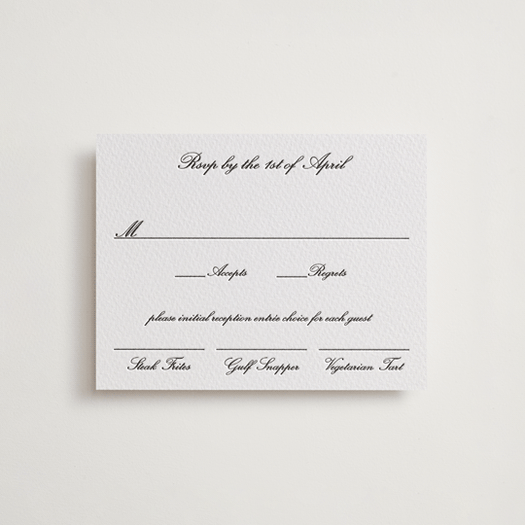"Cornelia" - Letterpress RSVP Cards in Soft Black by Megan Davis - Front