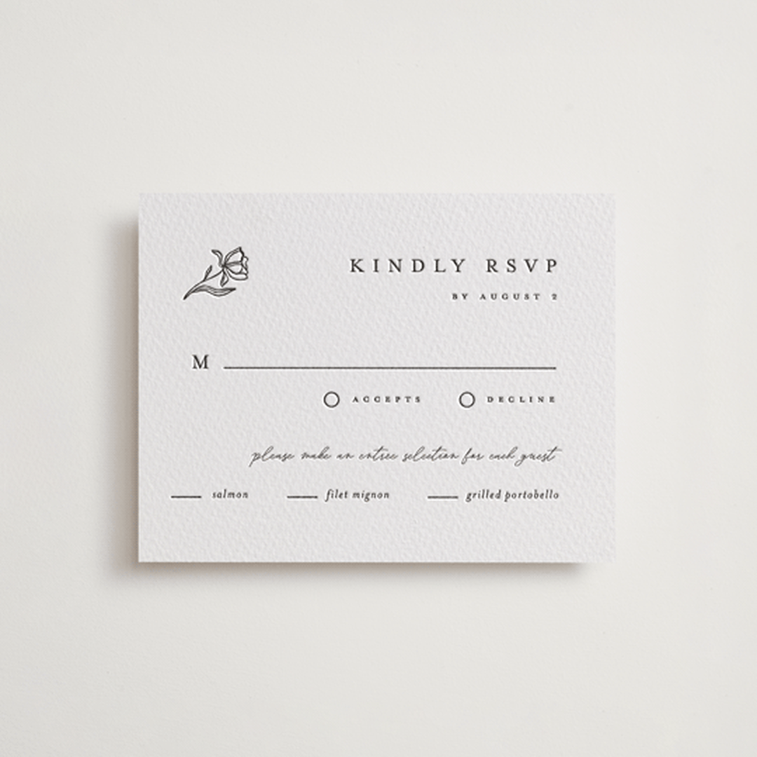 "Floral Cascade" - Letterpress RSVP Cards in Soft Black by Pixel and Hank - Front