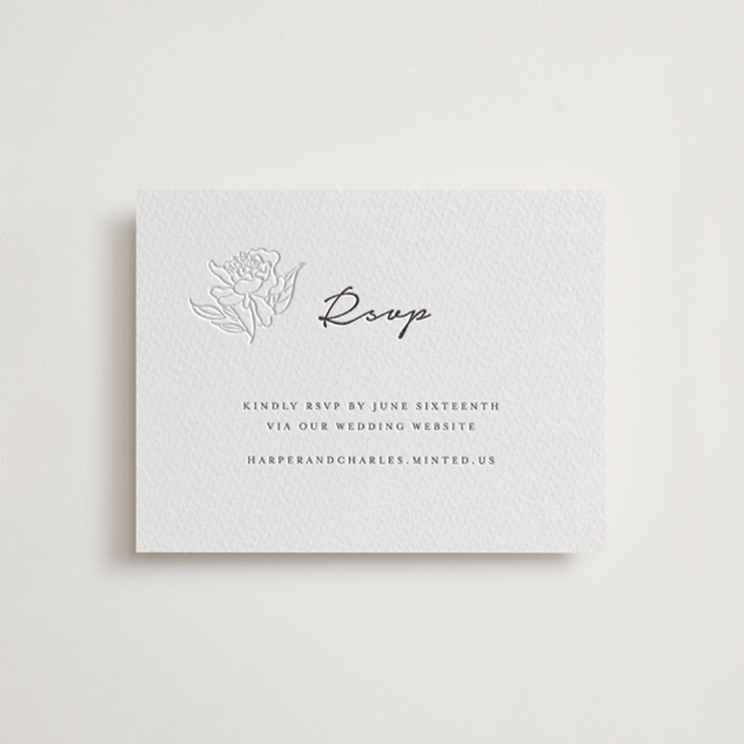 "my dearest" - Letterpress RSVP Online Enclosure Cards in Soft Black | Blind Deboss by Qing Ji - Front