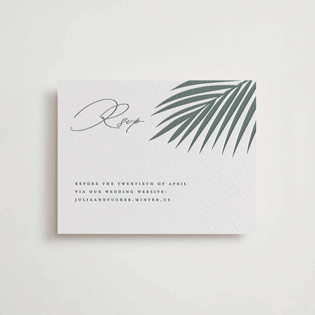 "Faded Palm" - Letterpress RSVP Online Enclosure Cards in Stone by Lauren Chism - Front