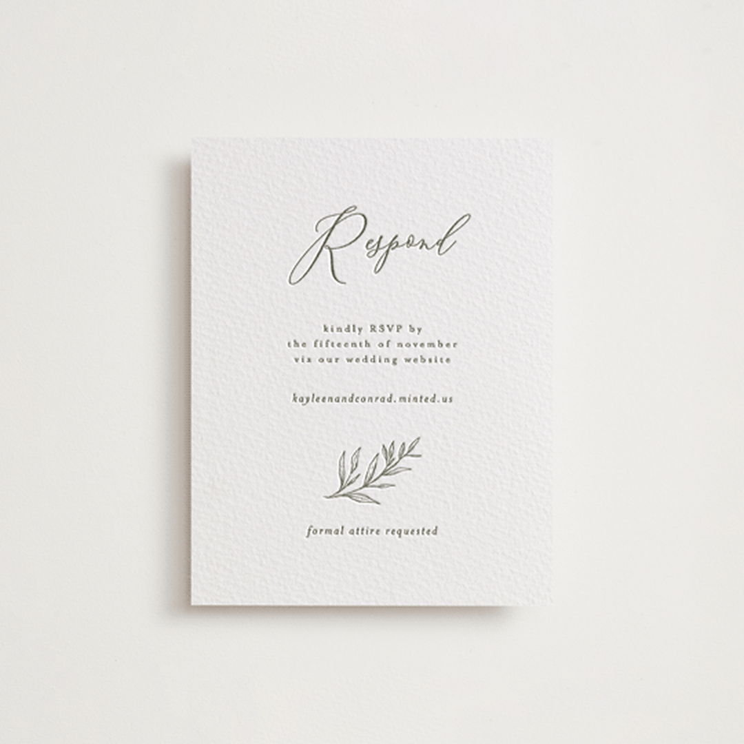"creme au beurre" - Letterpress RSVP Online Enclosure Cards in Moss by chocomocacino - Front