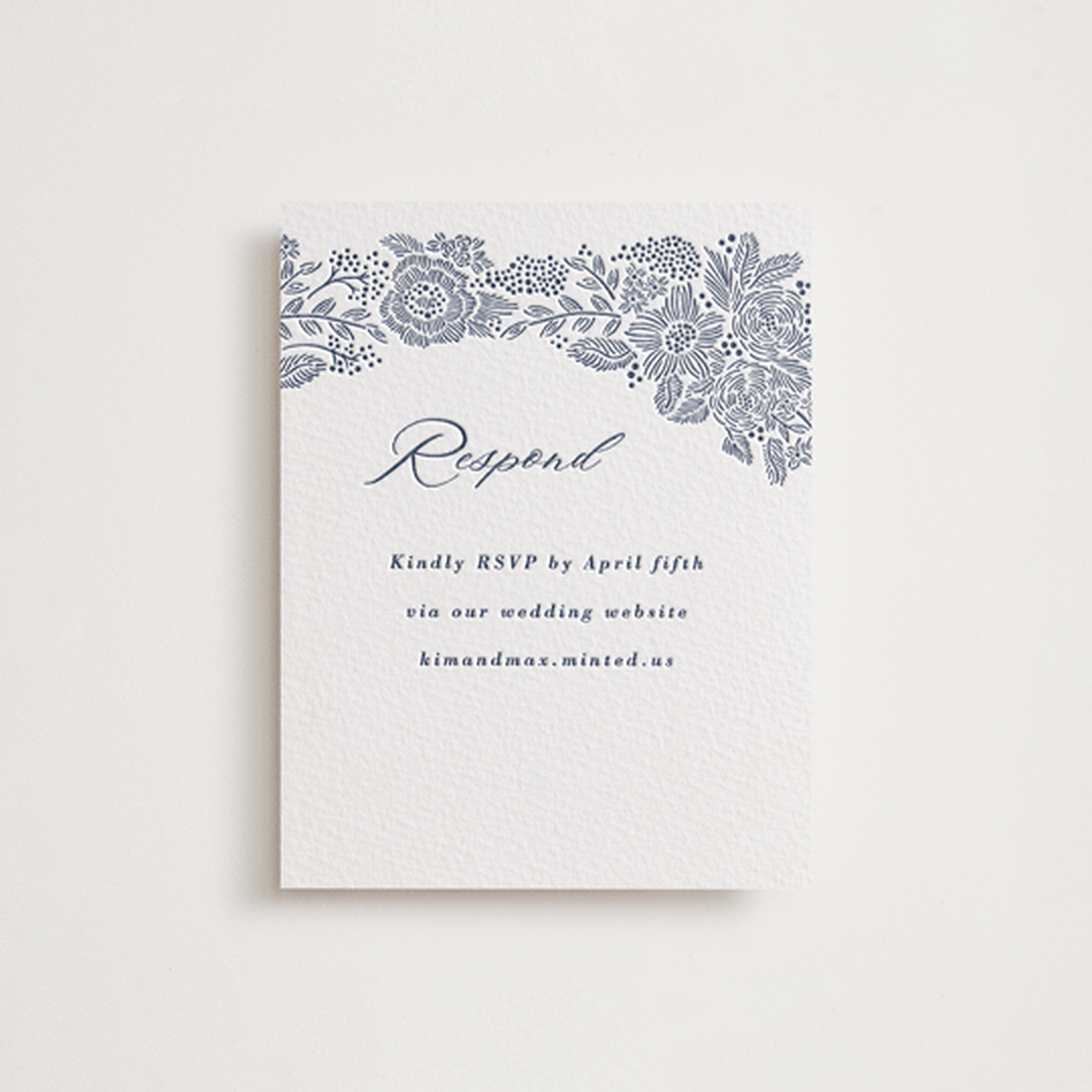 "Chantilly" - Letterpress RSVP Online Enclosure Cards in Aegean by Tamara Hilje - Front