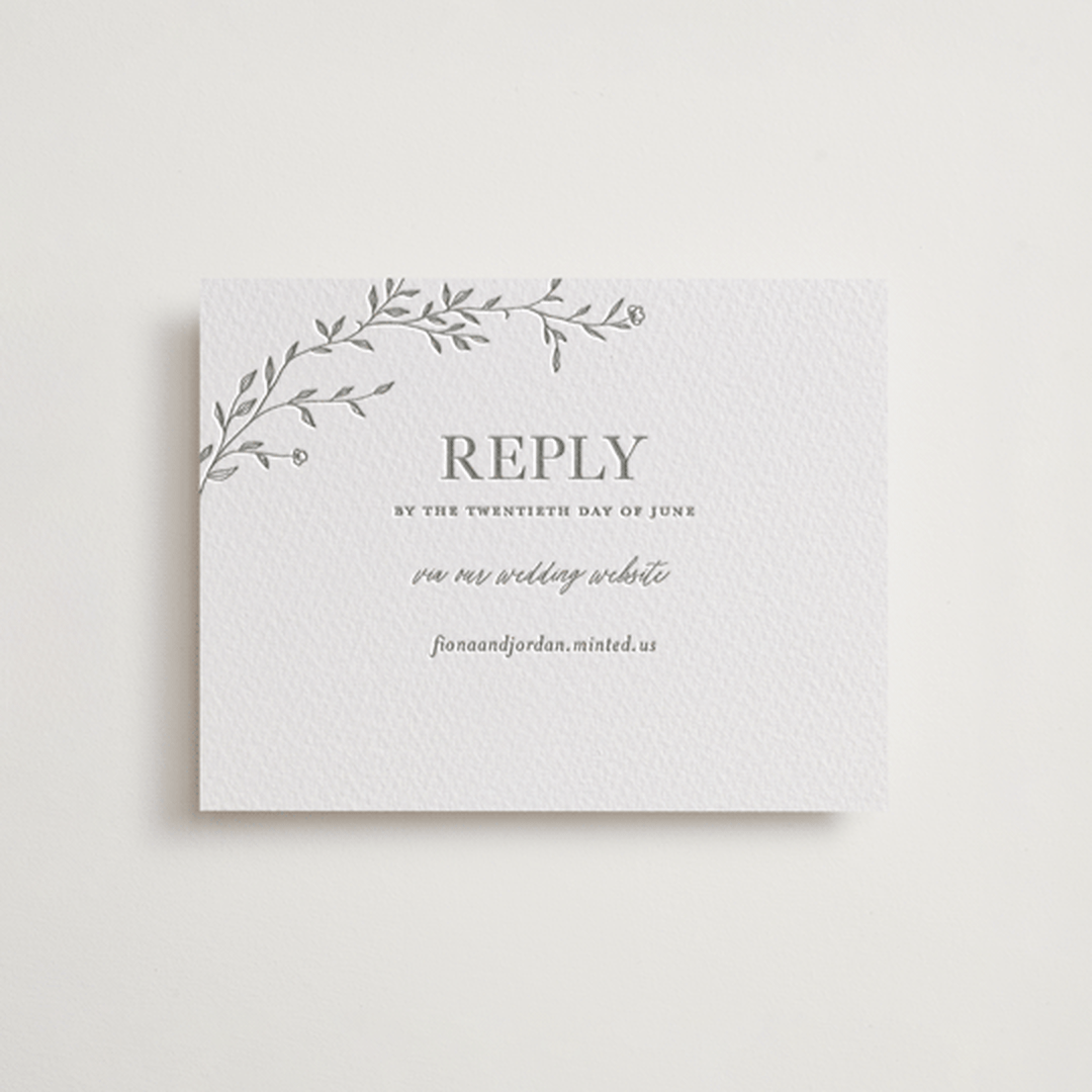 "Jasmine" - Letterpress RSVP Online Enclosure Cards in Ash by Vera Lim - Front