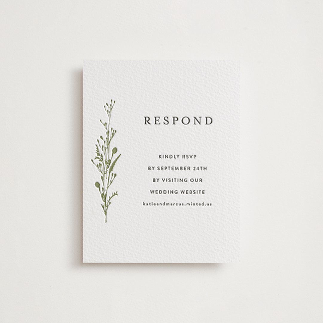 "Gathered" - Letterpress RSVP Online Enclosure Cards in Pistachio | Soft Black by Susan Moyal - Front