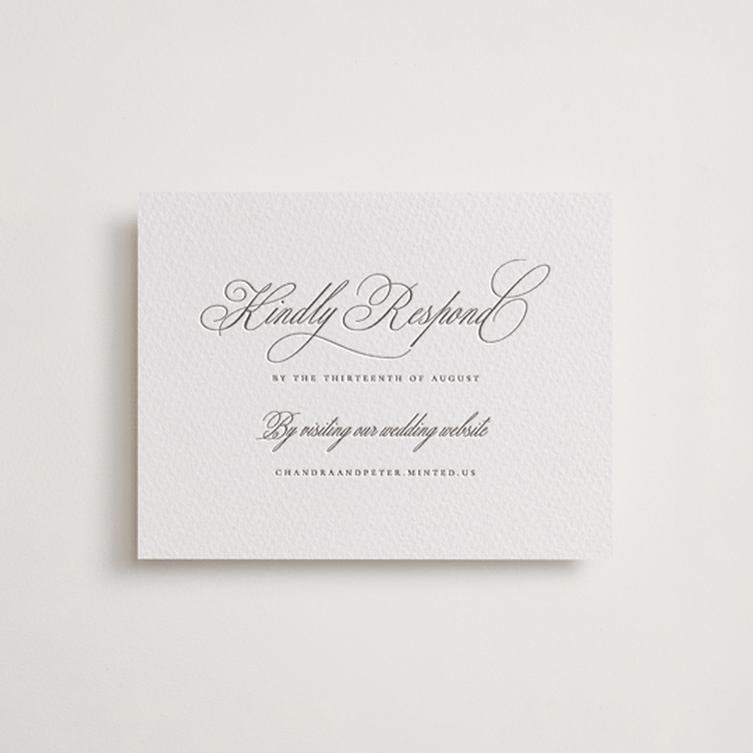 "Calligraphie" - Letterpress RSVP Online Enclosure Cards in Graphite by Wildfield Paper Co - Front
