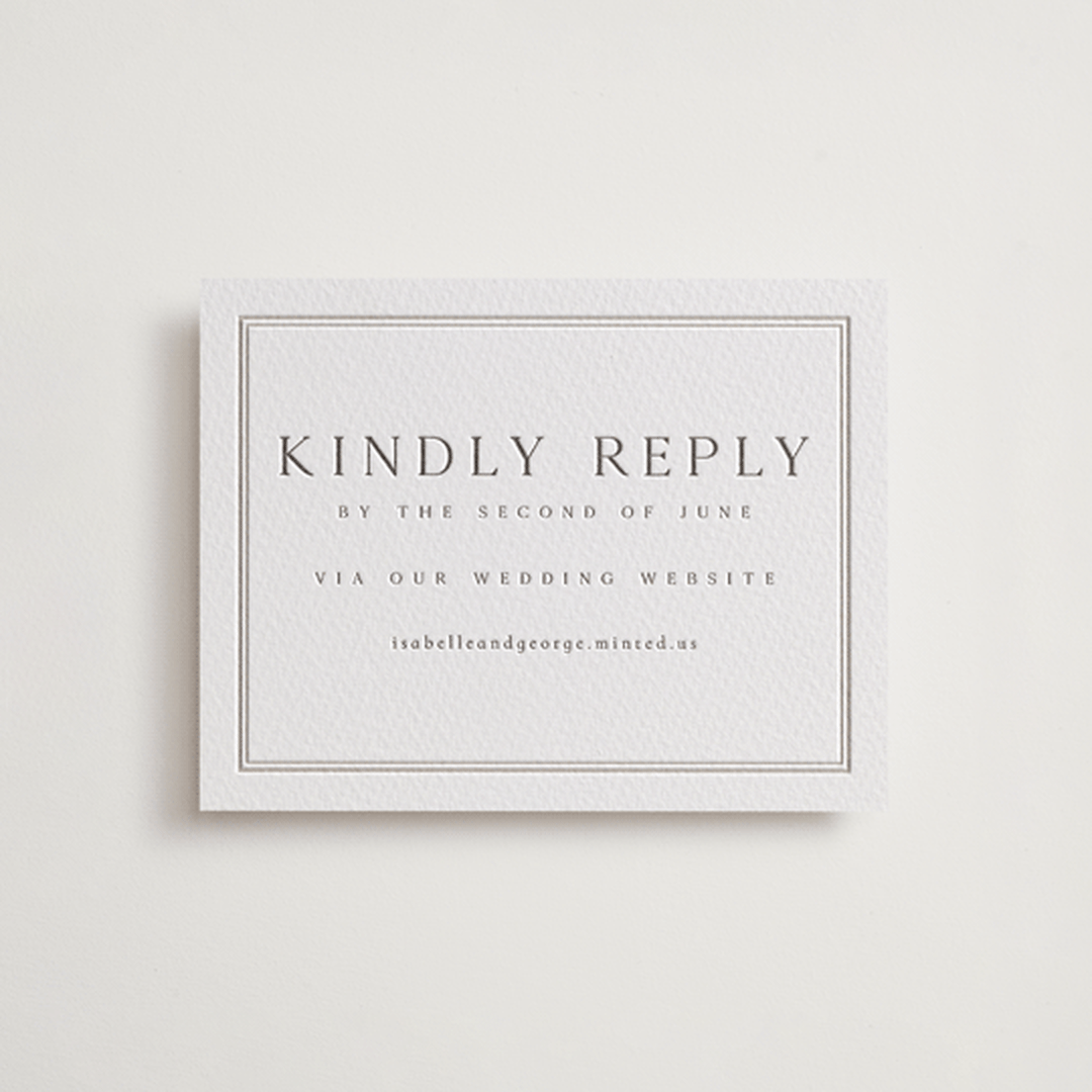 "Formal Serif" - Letterpress RSVP Online Enclosure Cards in Dove Grey by Nicole Walsh - Front