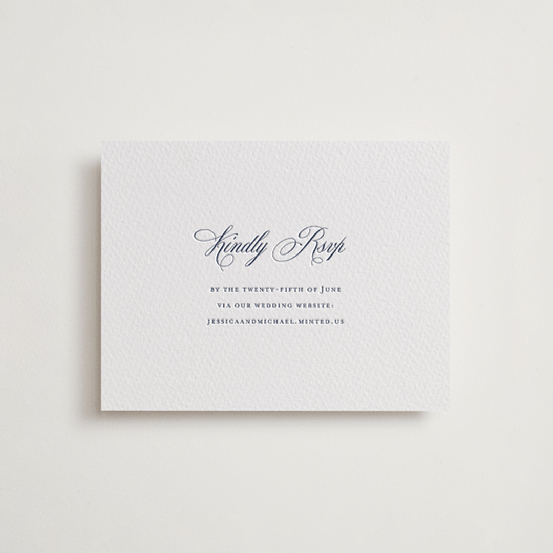 "Empire" - Letterpress RSVP Online Enclosure Cards in Aegean by Jennifer Postorino - Front