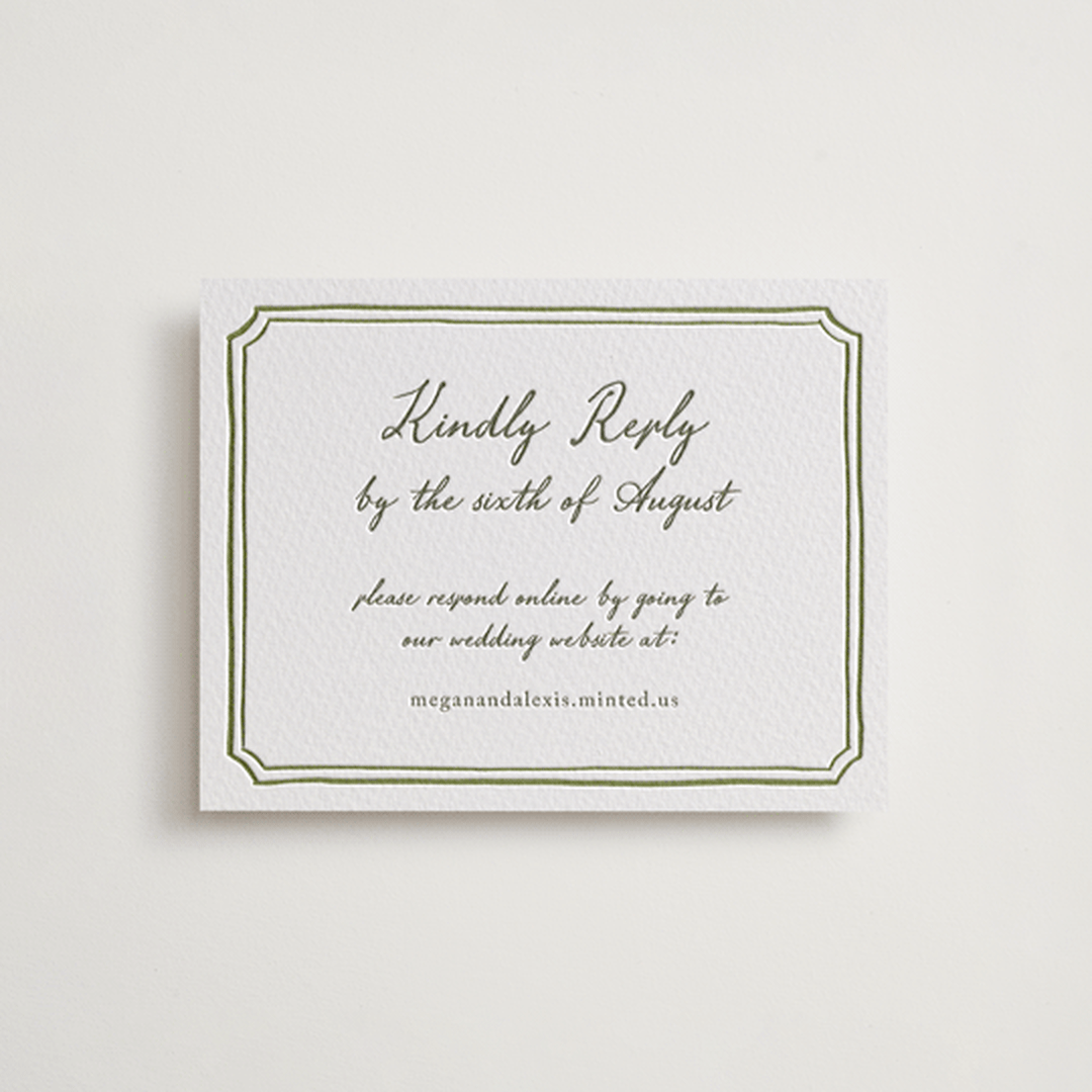 "Handwritten" - Letterpress RSVP Online Enclosure Cards in Moss by Cass Loh - Front
