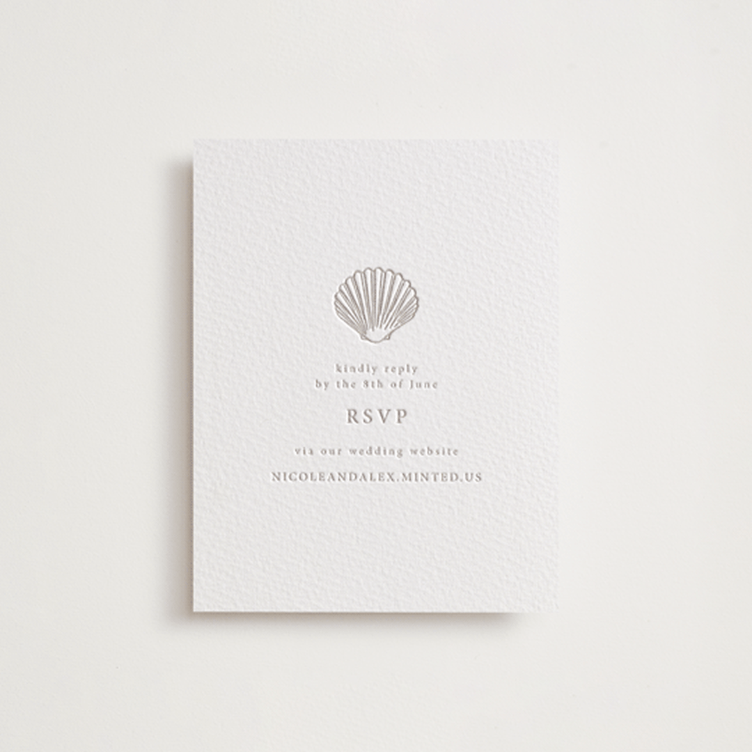 "Simple Seashell" - Letterpress RSVP Online Enclosure Cards in Dove Grey by Hannah Bowman - Front