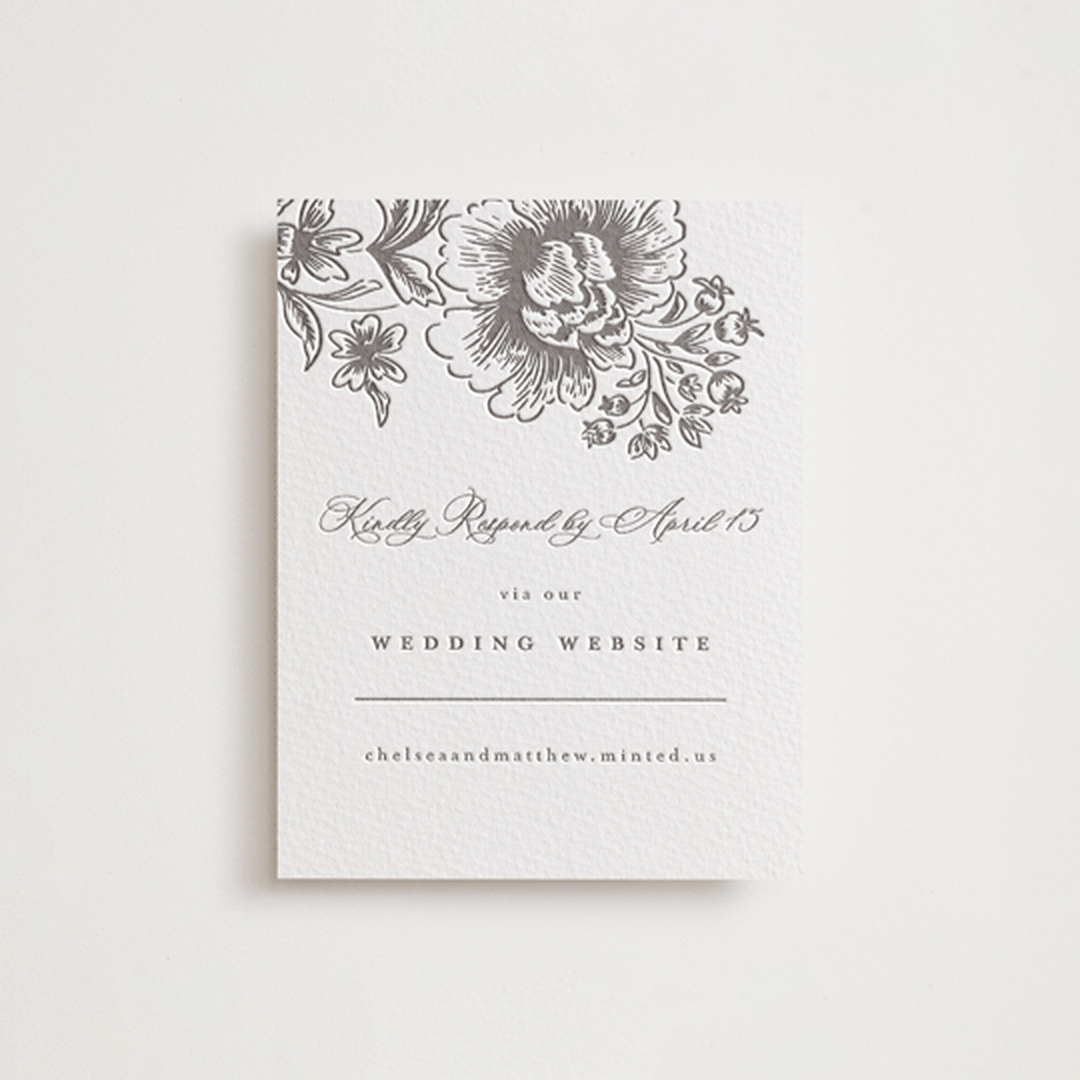 "Wedding Press" - Letterpress RSVP Online Enclosure Cards in Graphite by Chris Griffith - Front
