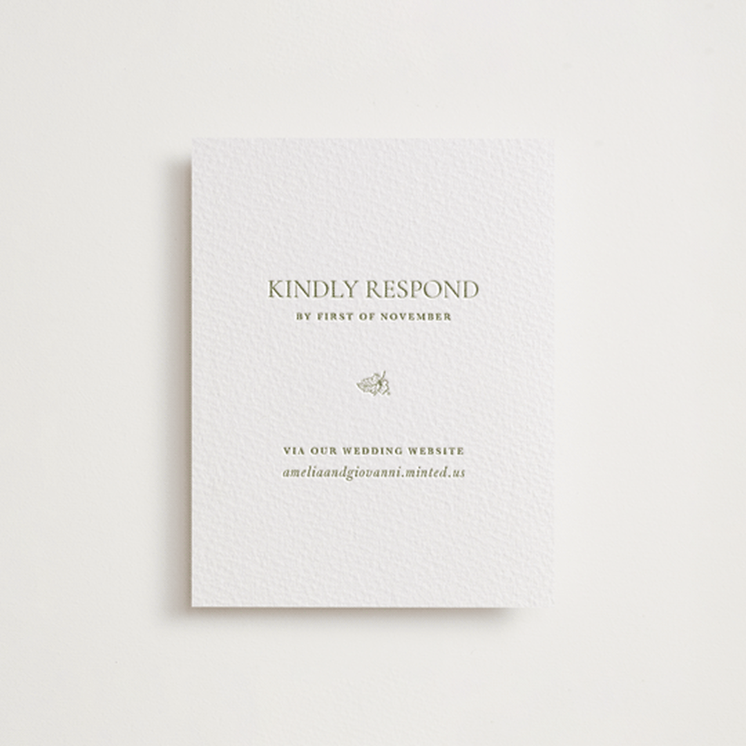 "Vineyard Elegance" - Letterpress RSVP Online Enclosure Cards in Pistachio by Lucrecia Caporale - Front