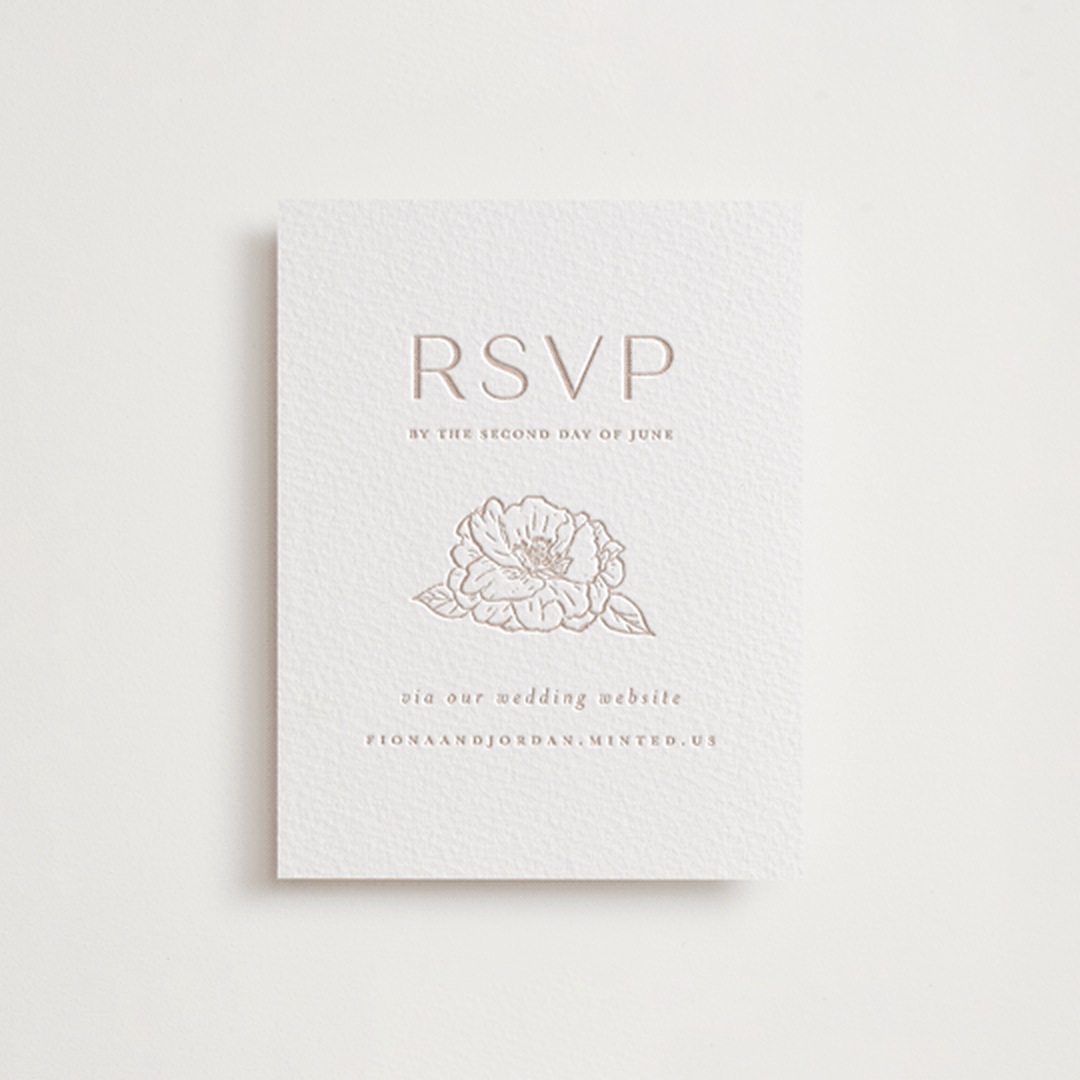"Camellia.." - Letterpress RSVP Online Enclosure Cards in Latte by Vera Lim - Front