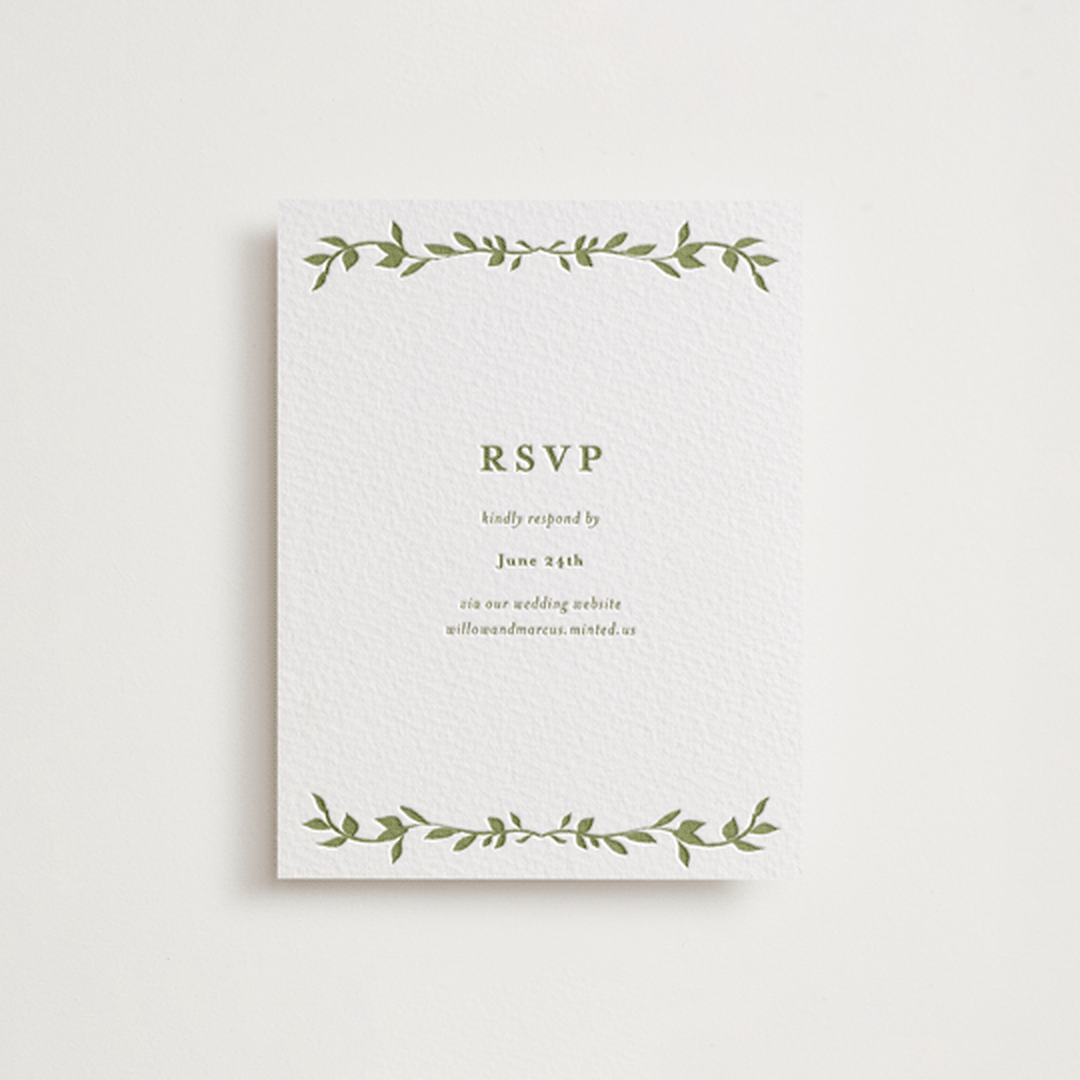 "Greenery Vine" - Letterpress RSVP Online Enclosure Cards in Pistachio by Susan Moyal - Front