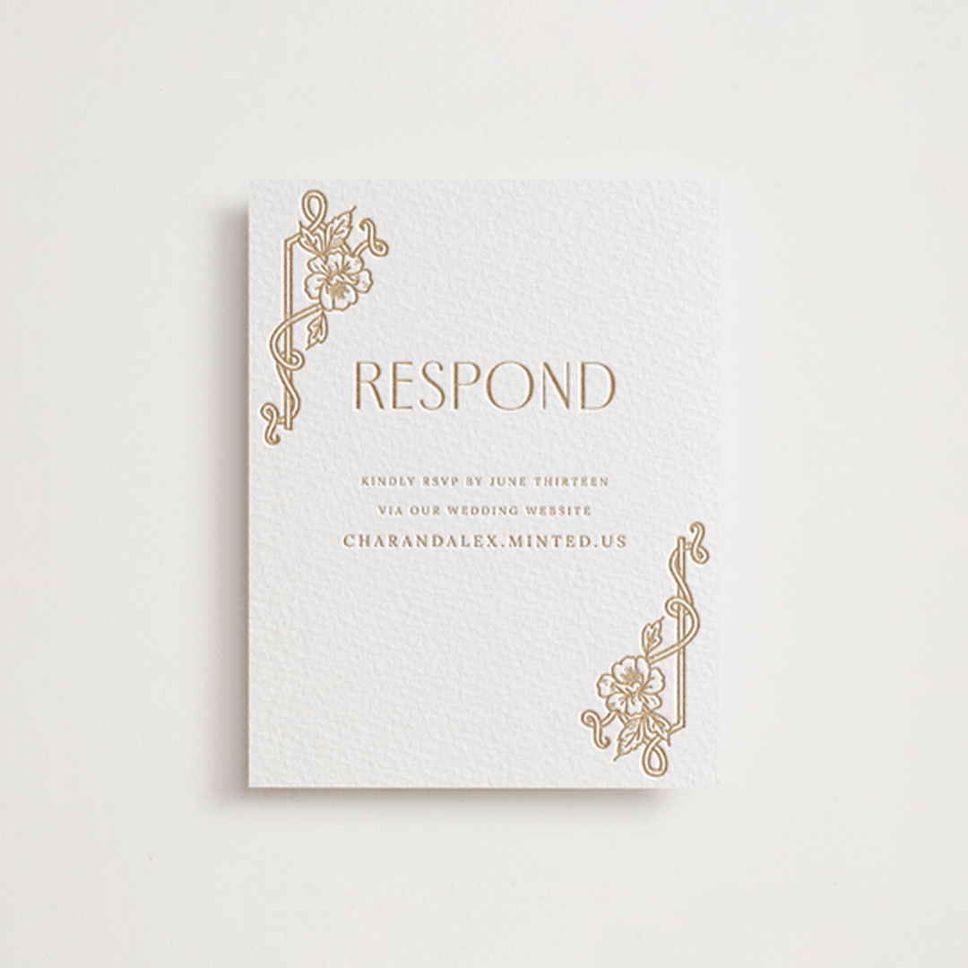 "Nouveau Peony" - Letterpress RSVP Online Enclosure Cards in Faux Gold by Selima Akhter - Front