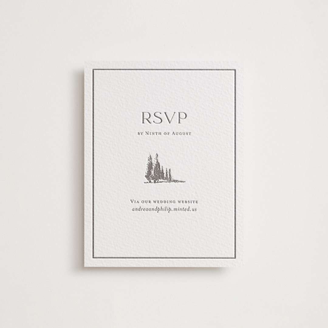 "Mountain Serenity" - Letterpress RSVP Online Enclosure Cards in Graphite by Lucrecia Caporale - Front