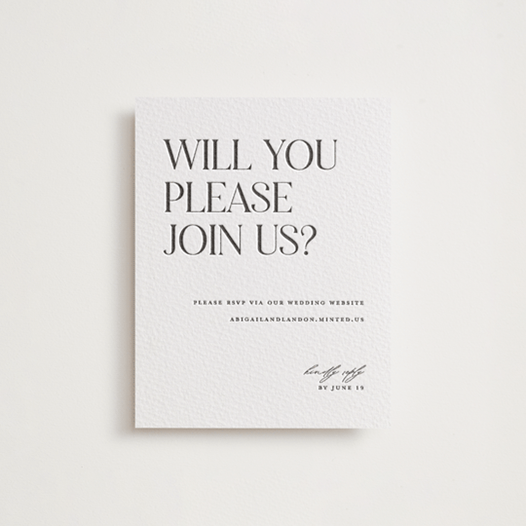 "Tallest" - Letterpress RSVP Online Enclosure Cards in Soft Black by Pixel and Hank - Front