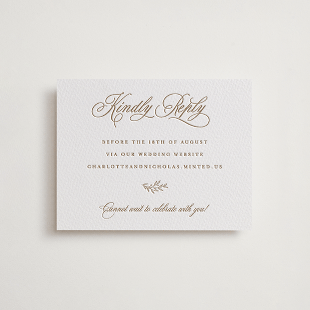 "Vineyard Script" - Letterpress RSVP Online Enclosure Cards in Matte Gold by Hooray Creative - Front