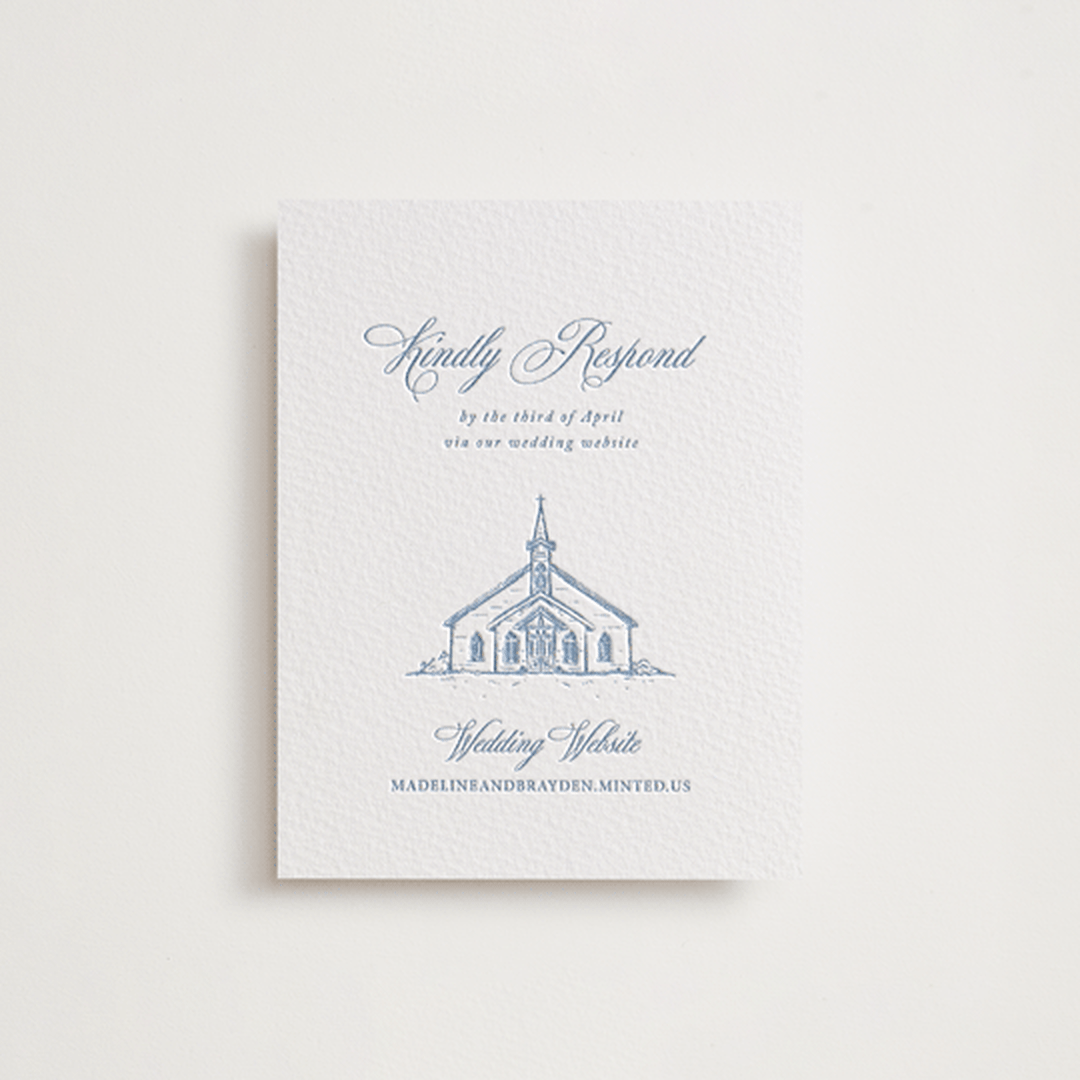 "The Chapel" - Letterpress RSVP Online Enclosure Cards in Provincial Blue by Melinda Denison - Front