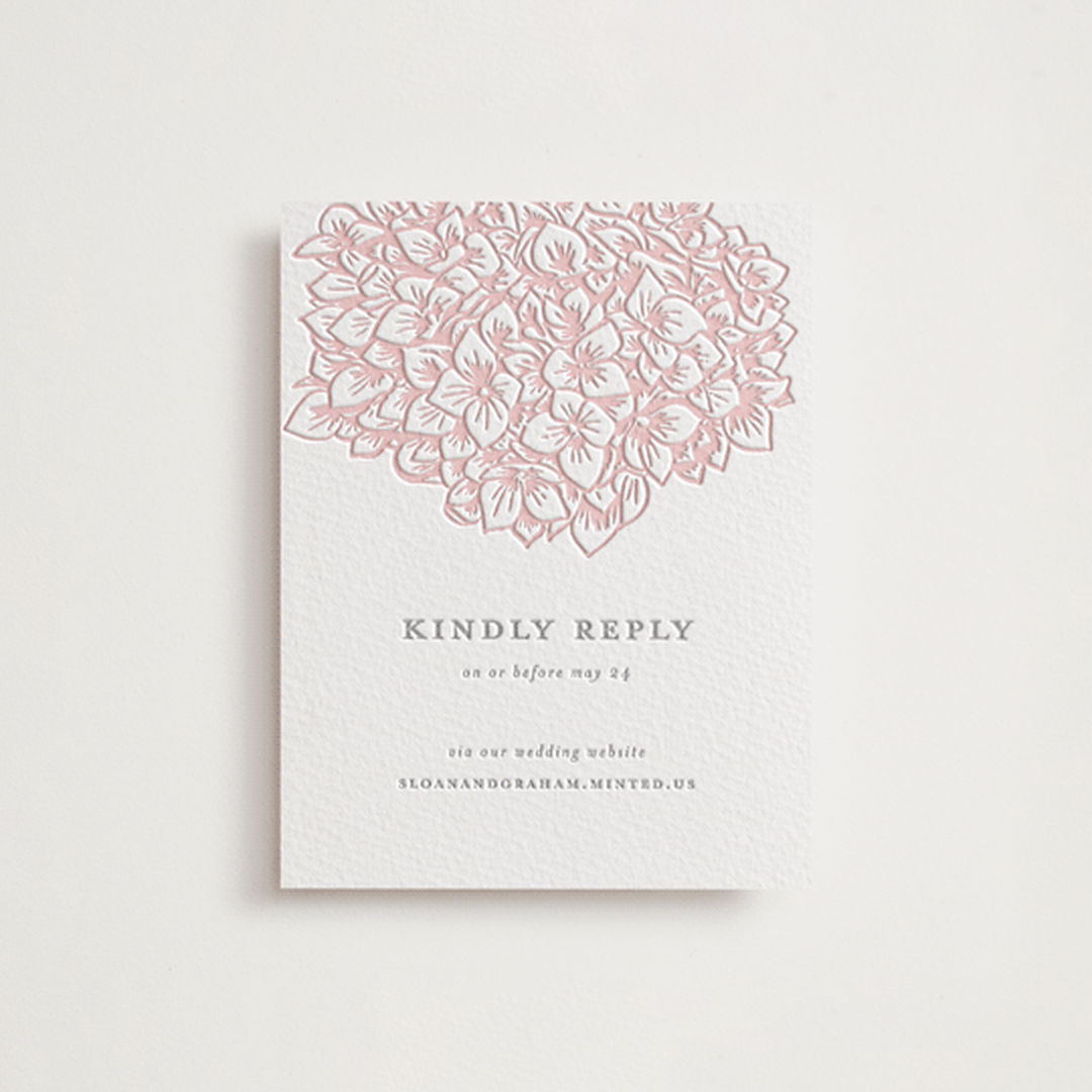 "Hydrangea Blooms" - Letterpress RSVP Online Enclosure Cards in Blush by Paula Pecevich - Front
