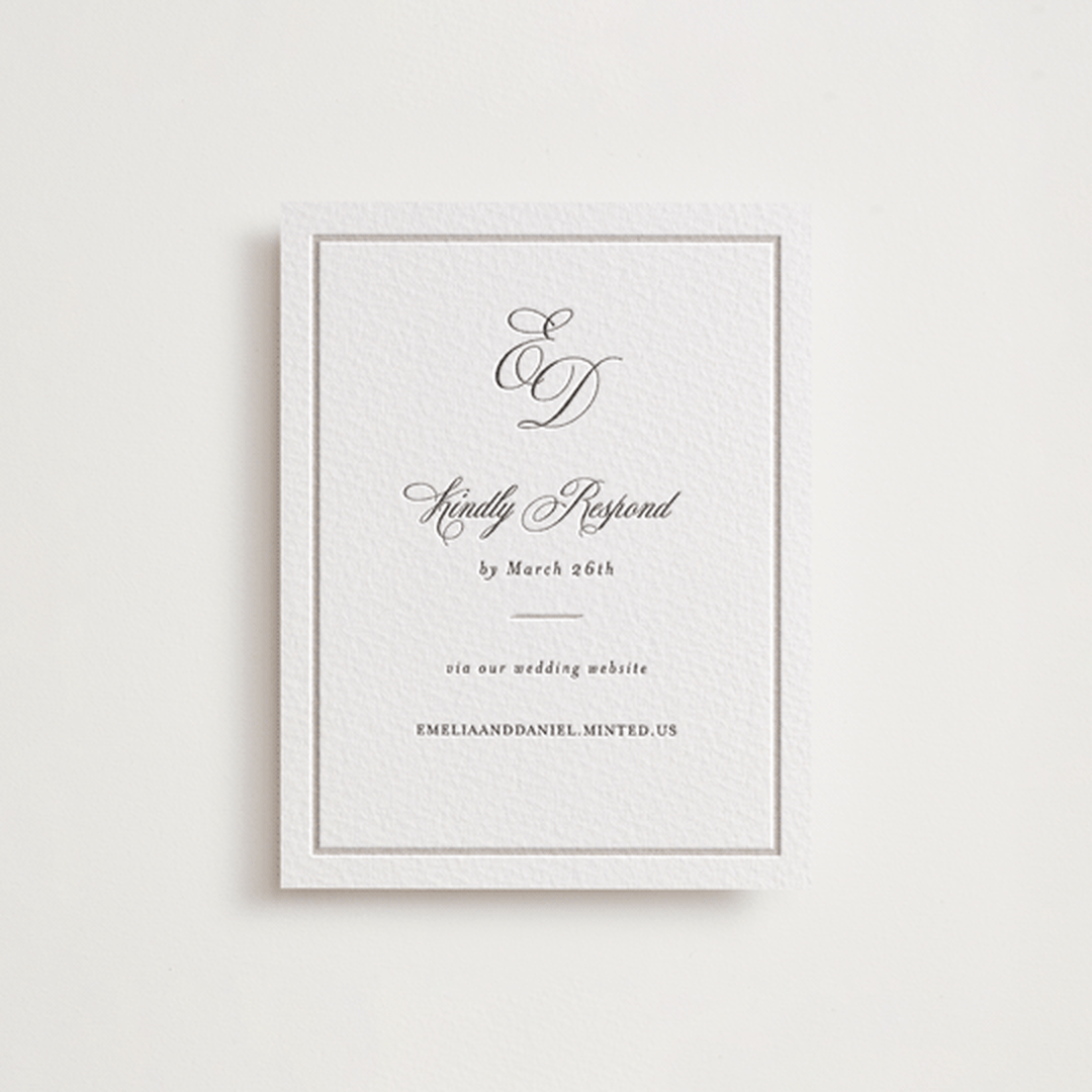 "Royal" - Letterpress RSVP Online Enclosure Cards in Soft Black by Melinda Denison - Front