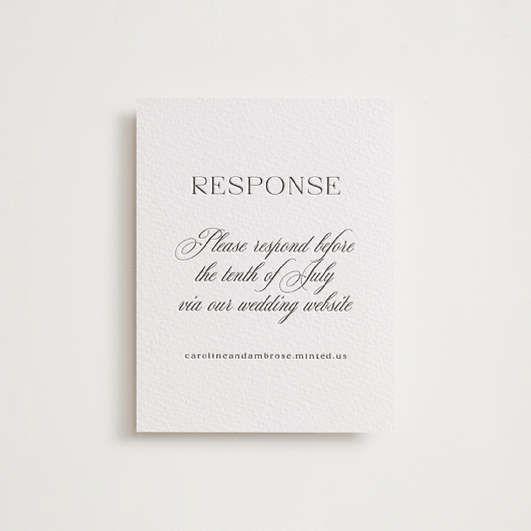 "Ambrose" - Letterpress RSVP Online Enclosure Cards in Soft Black by Olivia Raufman - Front