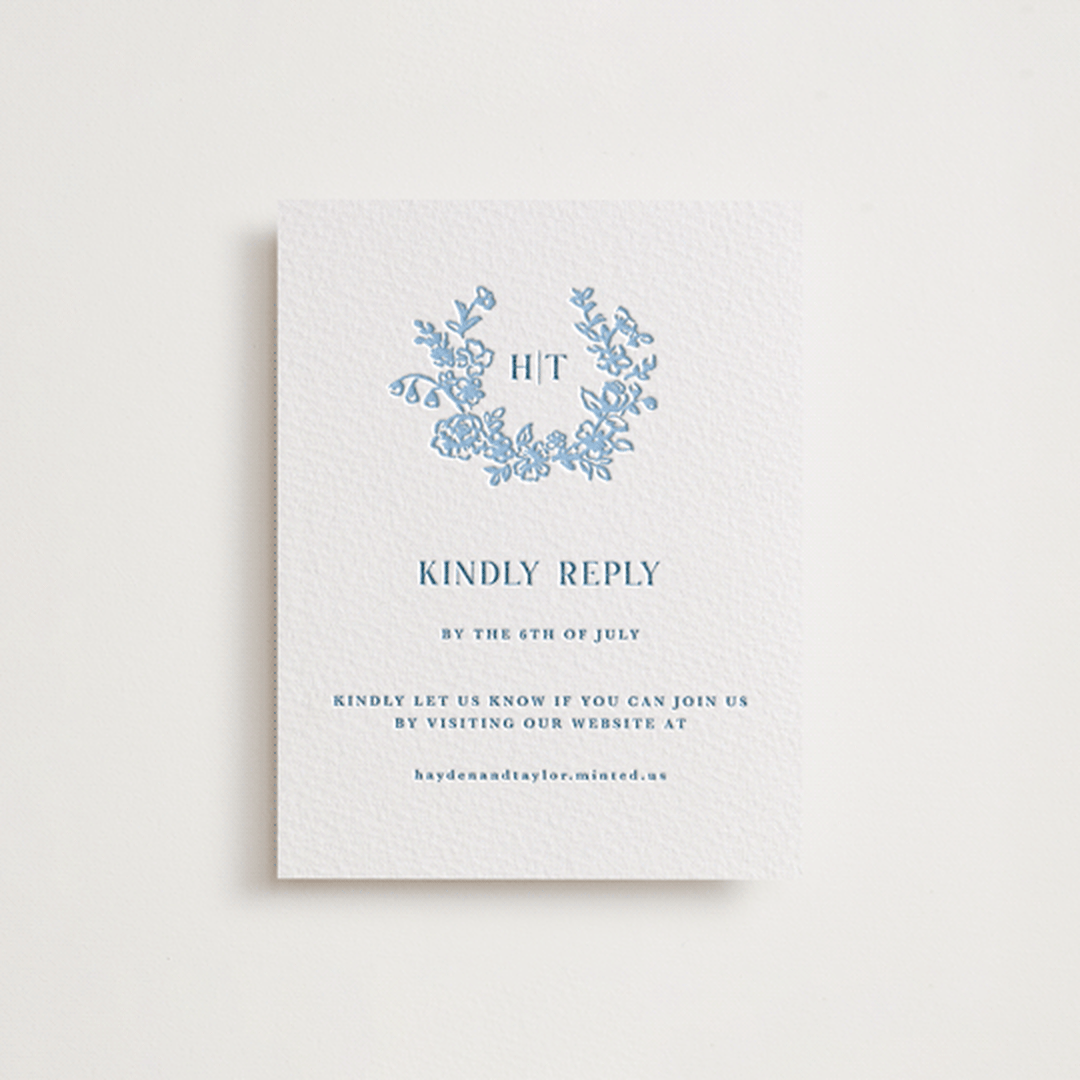 "Flowers monogram" - Letterpress RSVP Online Enclosure Cards in Sky Blue by Cass Loh - Front