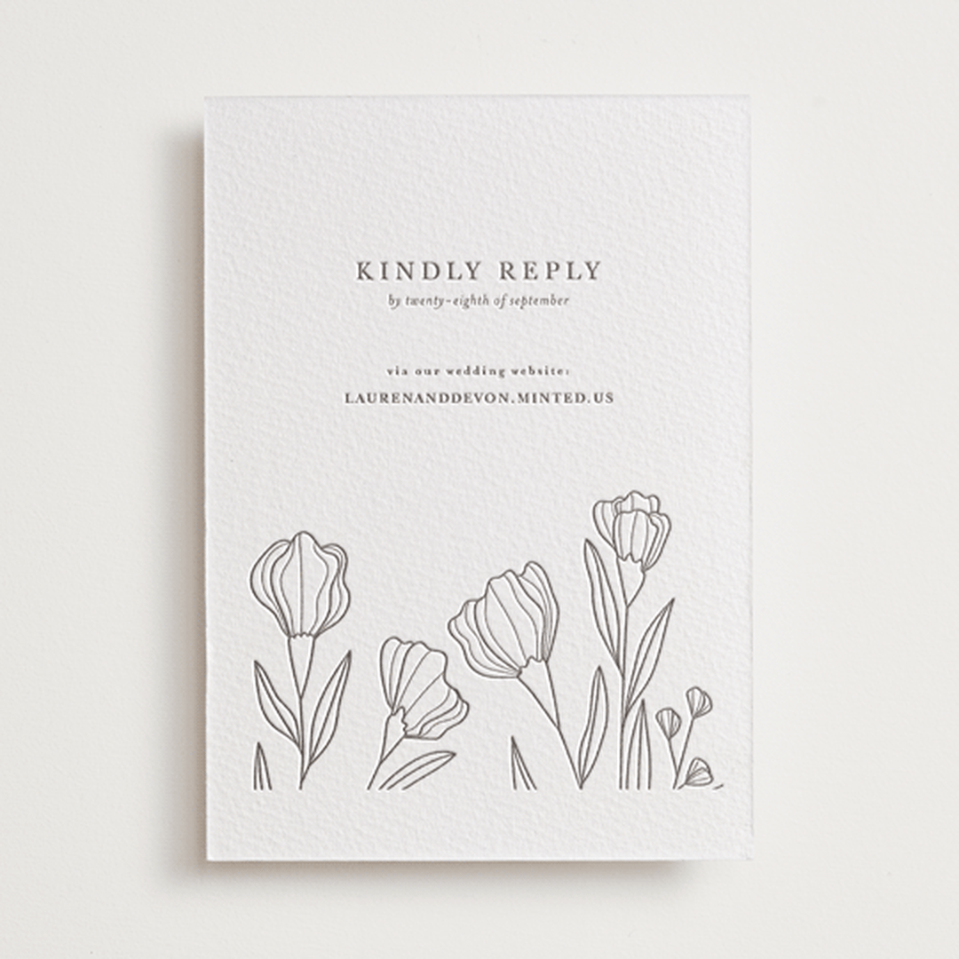 "Bouvardia" - Letterpress RSVP Online Enclosure Cards in Graphite by Deynaaz Daraei - Front