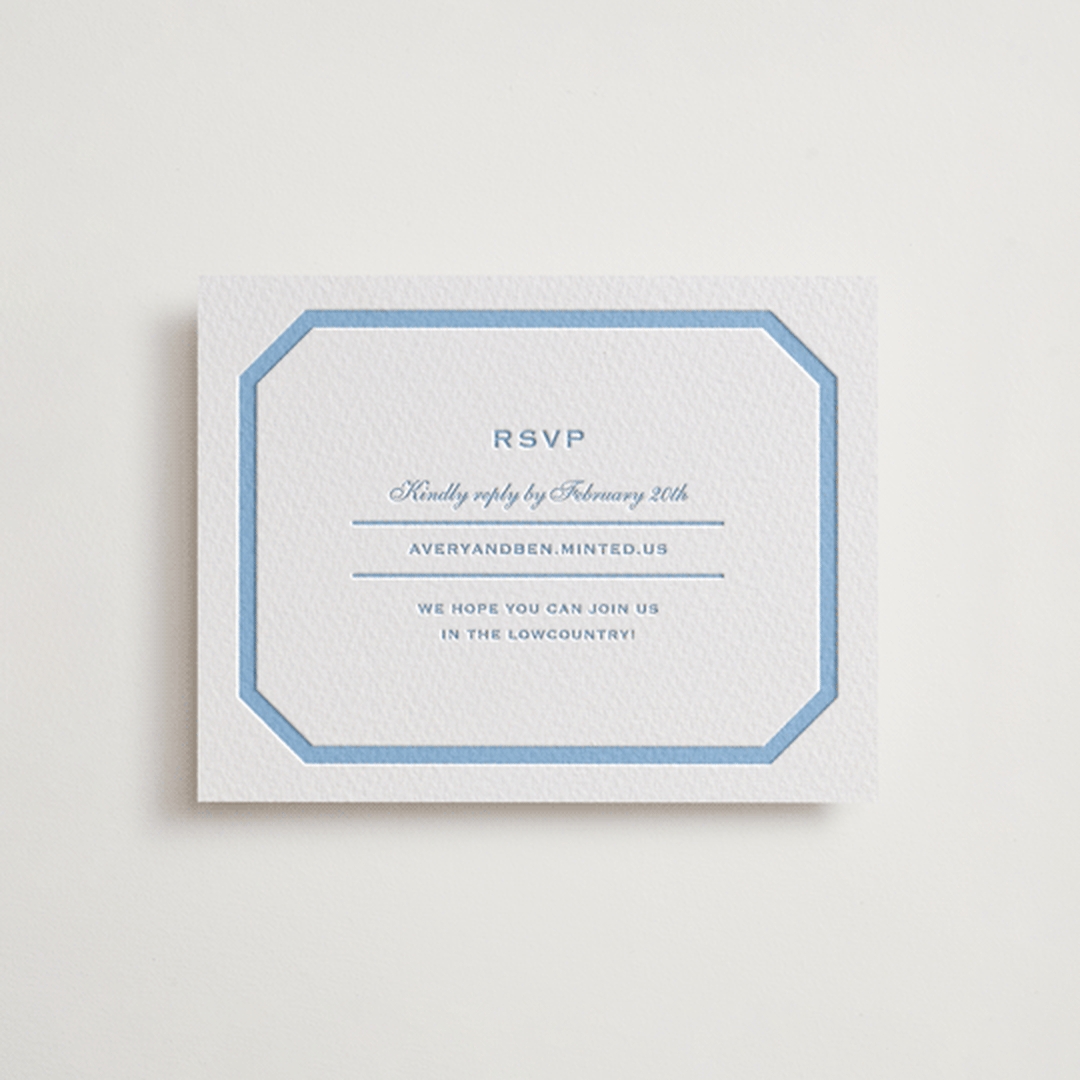 "Danbury" - Letterpress RSVP Online Enclosure Cards in Sky Blue by Megan Davis - Front