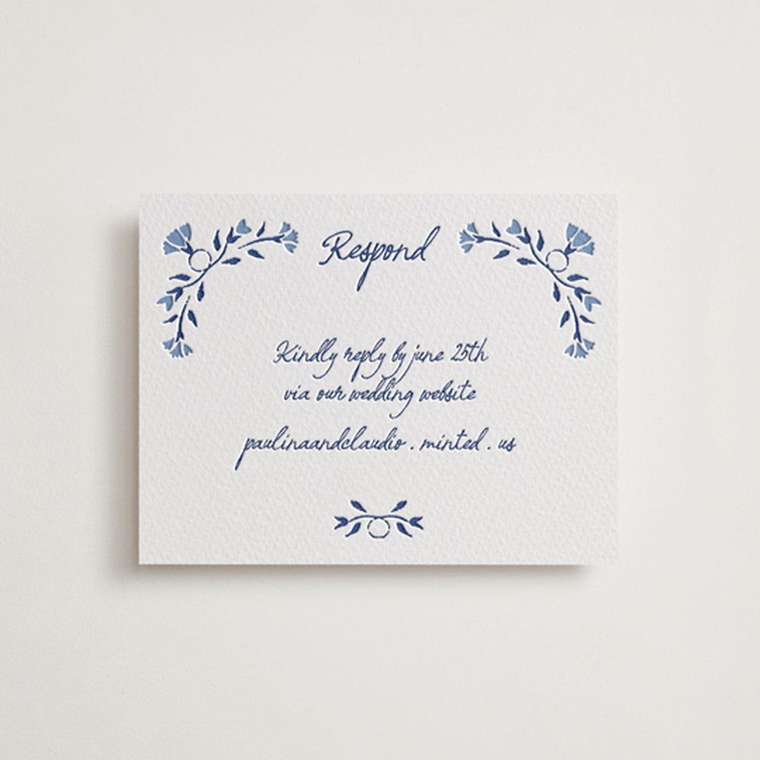 "Talavera" - Letterpress RSVP Online Enclosure Cards in Lapis by Tamara Hilje - Front