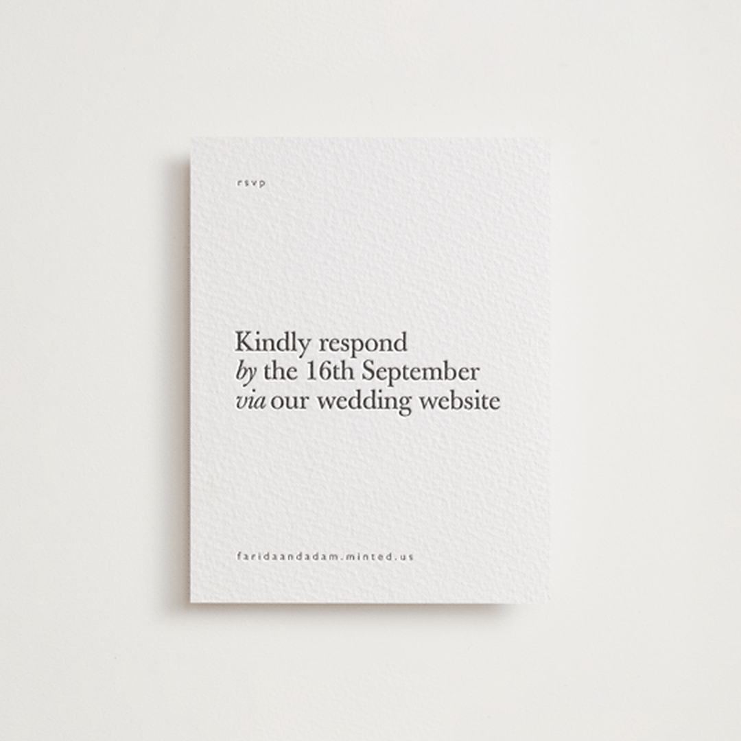 "Westin" - Letterpress RSVP Online Enclosure Cards in Soft Black by Hudson meet Rose - Front