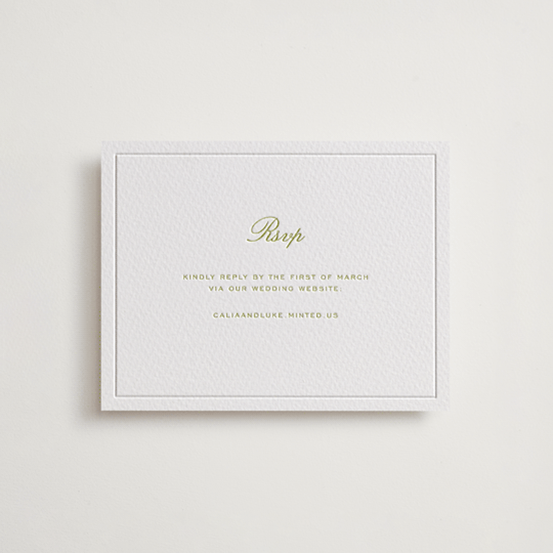 "Calia " - Letterpress RSVP Online Enclosure Cards in Avocado by Ani Somi - Front