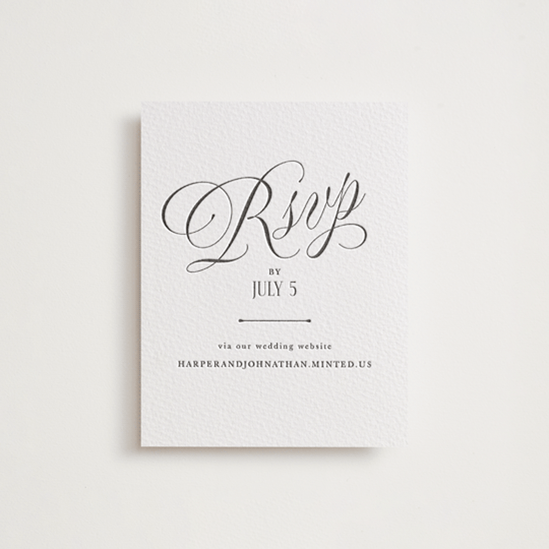 "Mirin" - Letterpress RSVP Online Enclosure Cards in Soft Black by Kate Ahn - Front
