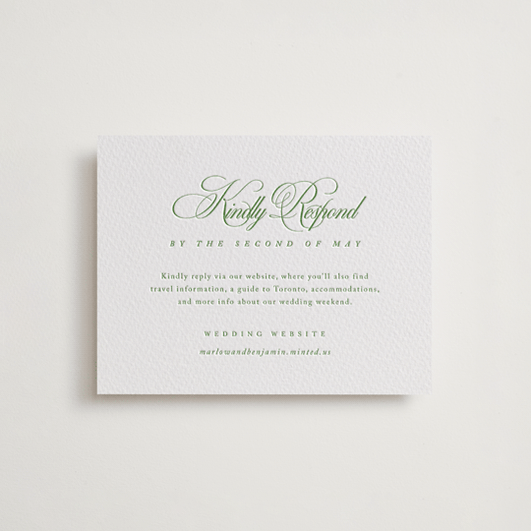 "Chic Script" - Letterpress RSVP Online Enclosure Cards in Cucumber by Kelly Schmidt - Front